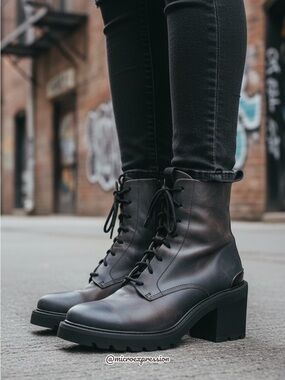 $388 Frye Allison Combat Black Real Leather Retro Lug Embossed Moto Ankle Boot